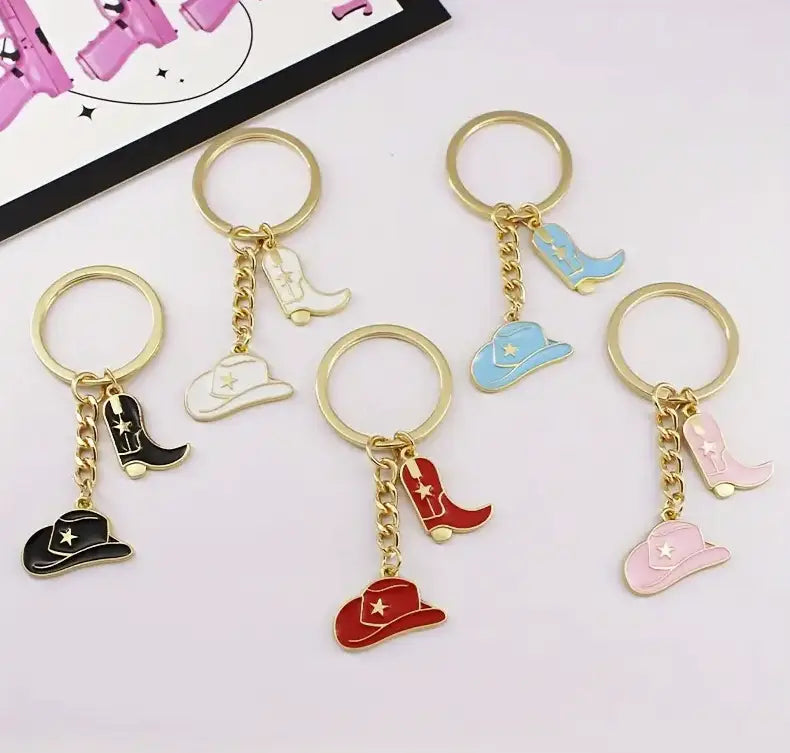 Colorful cowboy-themed keychains featuring boots and hats in a charming collection.