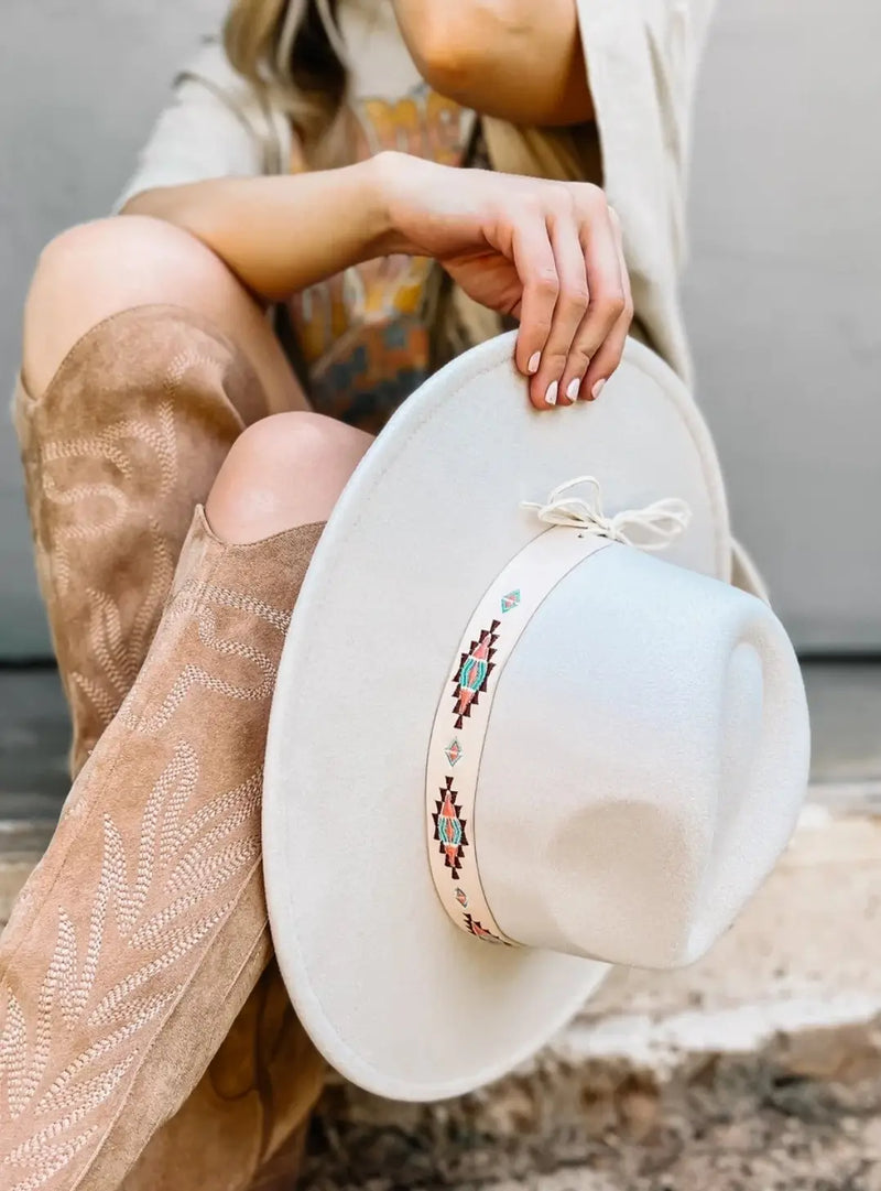 White sun hat with diamond-pattern band from Del Mar’s stunning collection of women’s felt hats