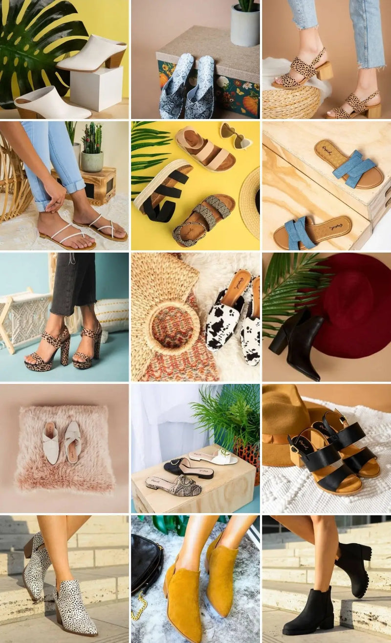 Collage of Del Mar’s exquisite women’s shoe collection featuring stiletto pointed booties.