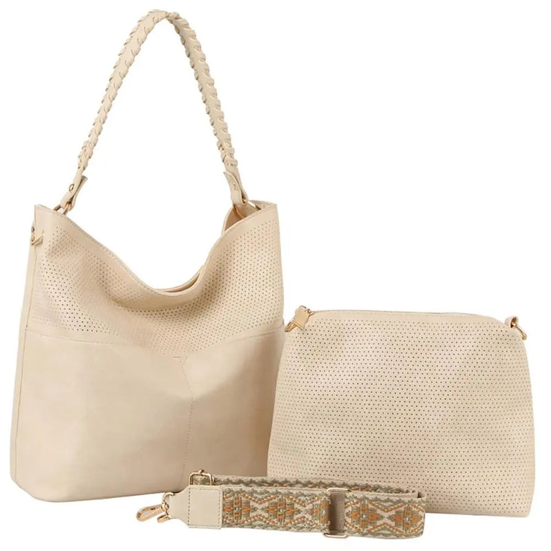 Beige shoulder bag with a guitar strap and matching pouch for stylish versatility