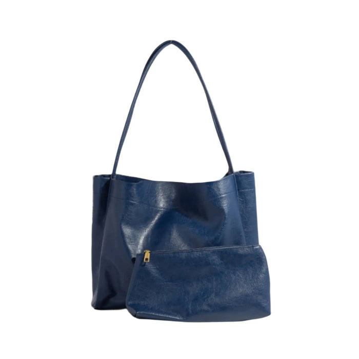 Navy blue faux leather tote bag with matching detachable pouch for stylish convenience