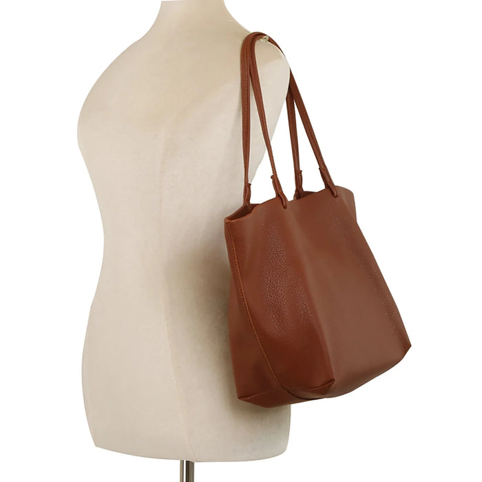 2-in-1 Soft PU Leather Tote Shoulder Bag - Coffee