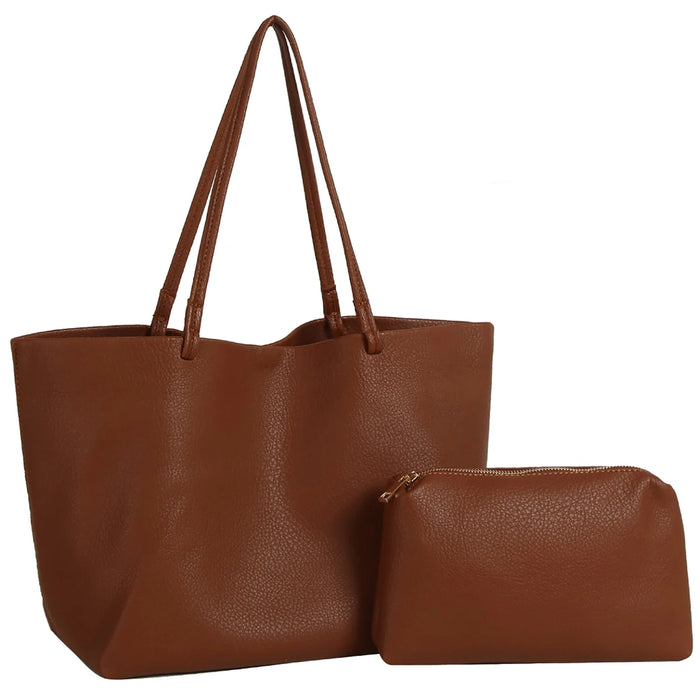 2-in-1 Soft PU Leather Tote Shoulder Bag - Brown