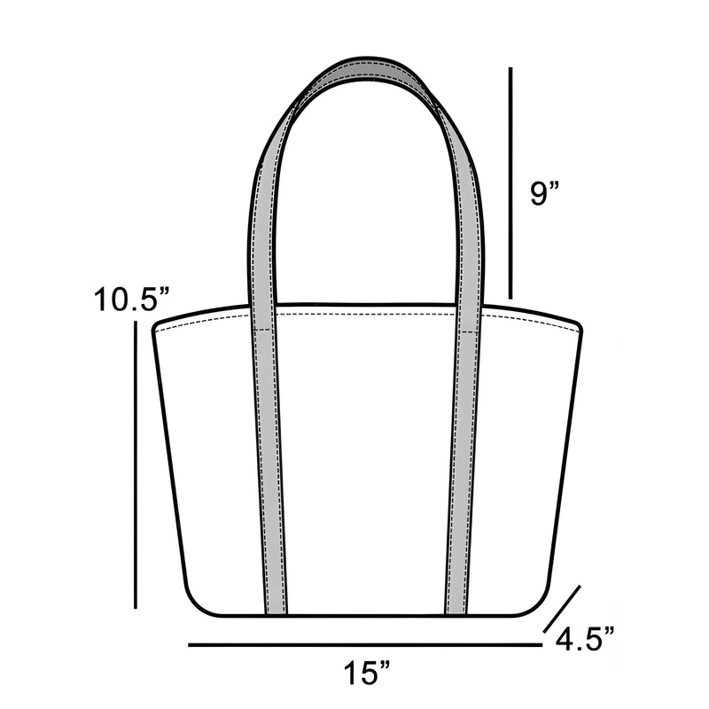 Weathered Faux Leather Tote Bag with height, width, and depth measurements displayed