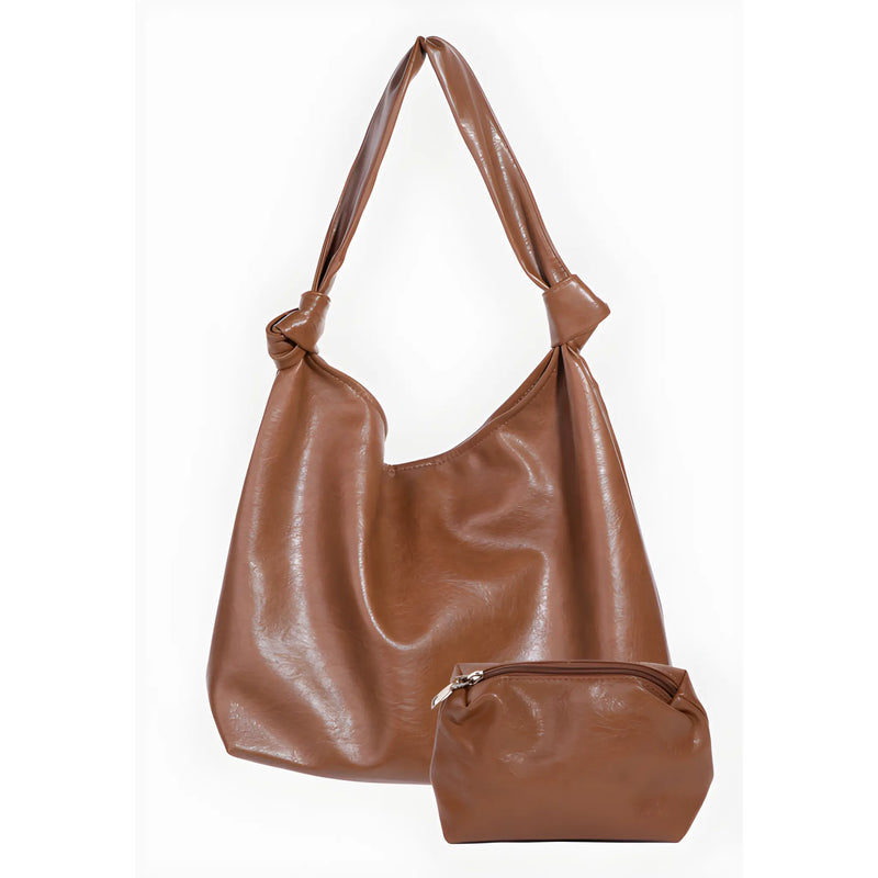 Brown leather hobo bag and matching cosmetic pouch in Weathered Faux Leather Tote Bag