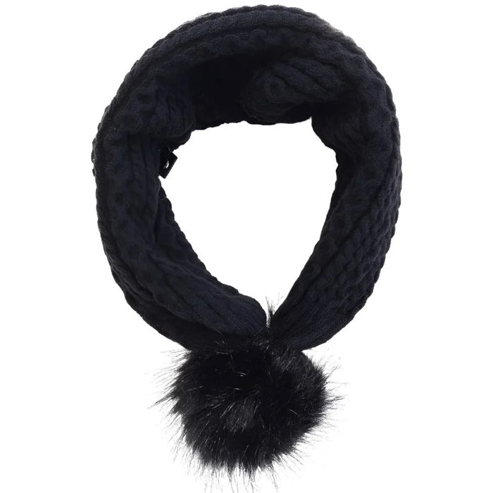 Black knitted infinity scarf with fuzzy pompom featured in 2-N-1 Beanie & Scarf