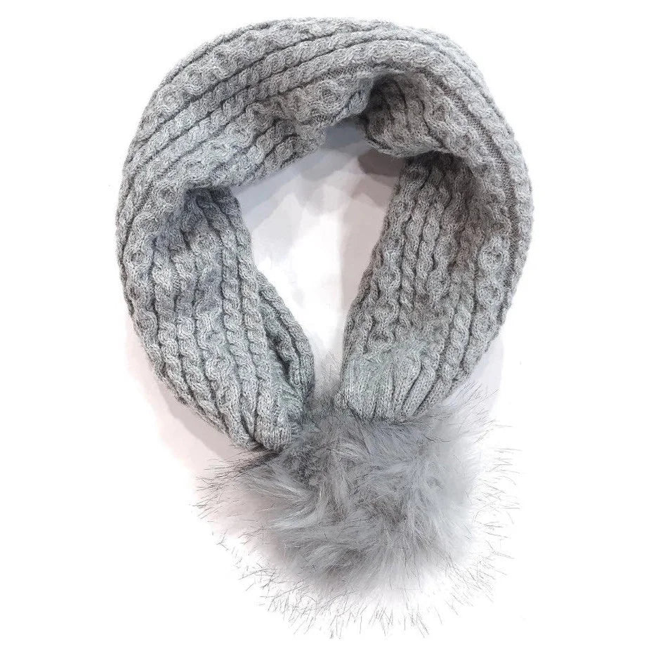 Gray knitted scarf with fluffy pom-poms for the 2-N-1 Beanie & Scarf set