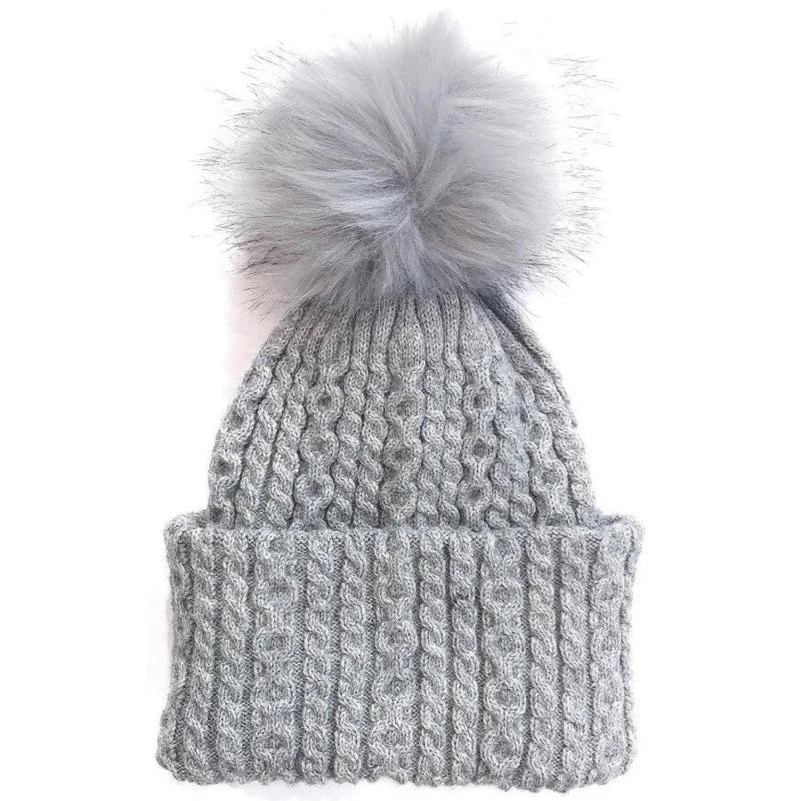 Gray knit beanie with fluffy pompom, perfect for warmth and style in winter scarves