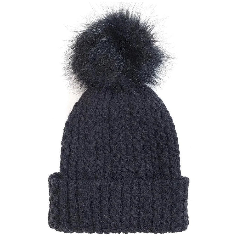 Navy blue knit beanie with fluffy pompom, part of 2-N-1 Beanie & Scarf set