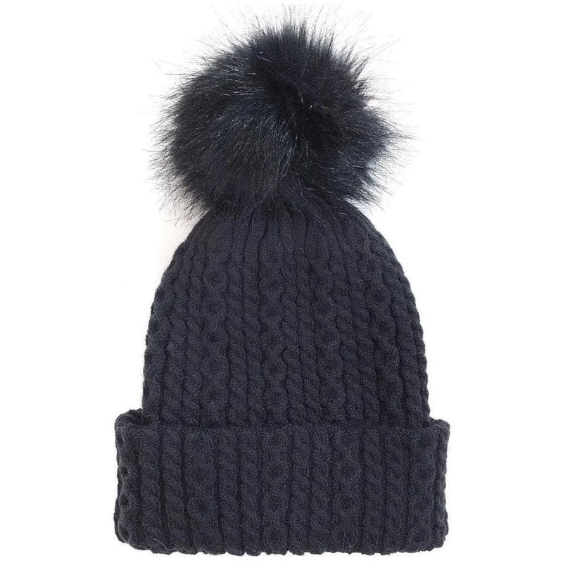 Navy blue knit beanie with fluffy pompom, part of 2-N-1 Beanie & Scarf set