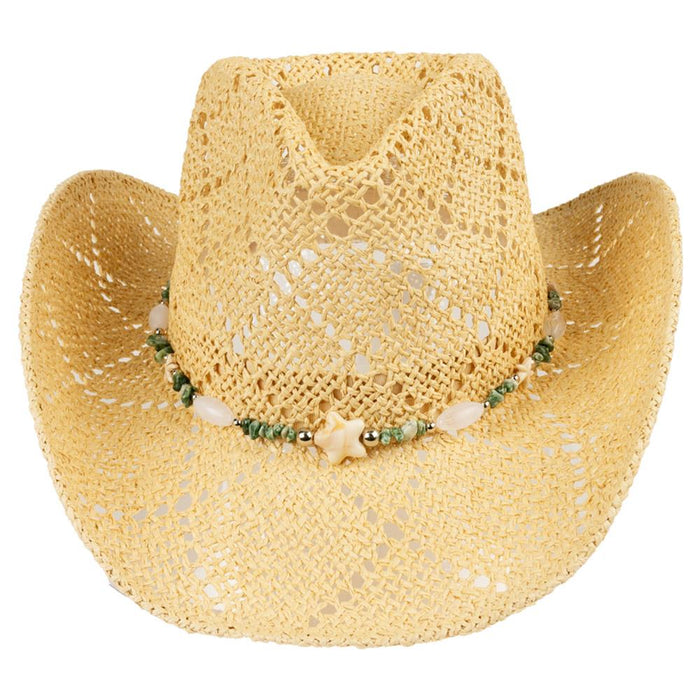 Trendy Cowboy Hat With Starfish And Beaded Band - Natural