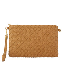 Tan woven leather clutch bag with wrist strap from 2IN1 holder pouch set