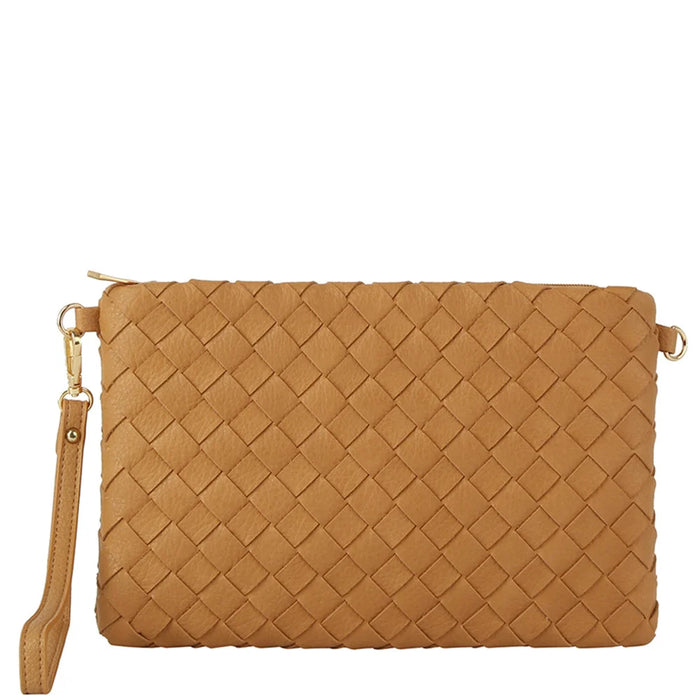 Tan woven leather clutch bag with wrist strap from 2IN1 holder pouch set