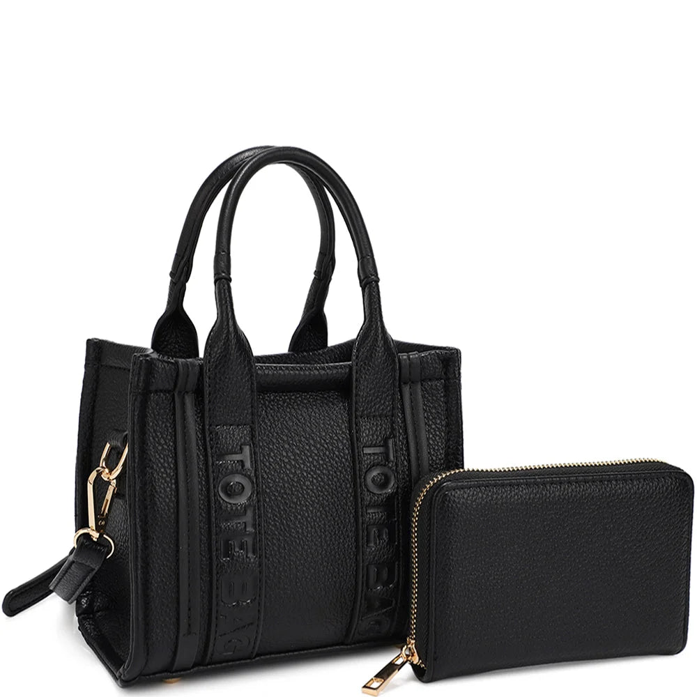 2in1 Handle Tote Bag Mini Satchel With Wallet Set - Black - Shoulder Bags