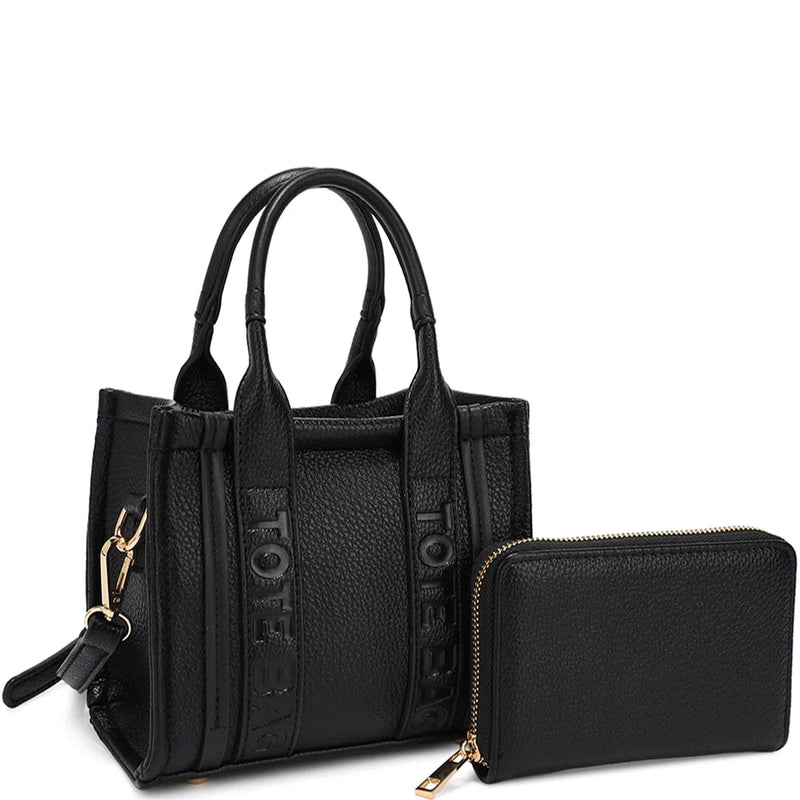 2in1 Handle Tote Bag Mini Satchel With Wallet Set - Black - Shoulder Bags