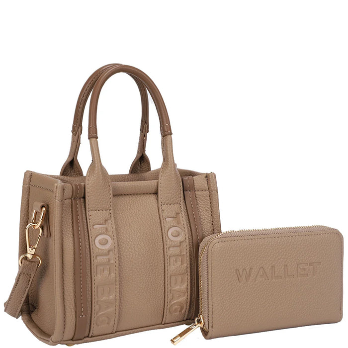 2in1 Handle Tote Bag Mini Satchel With Wallet Set - Taupe - Shoulder Bags
