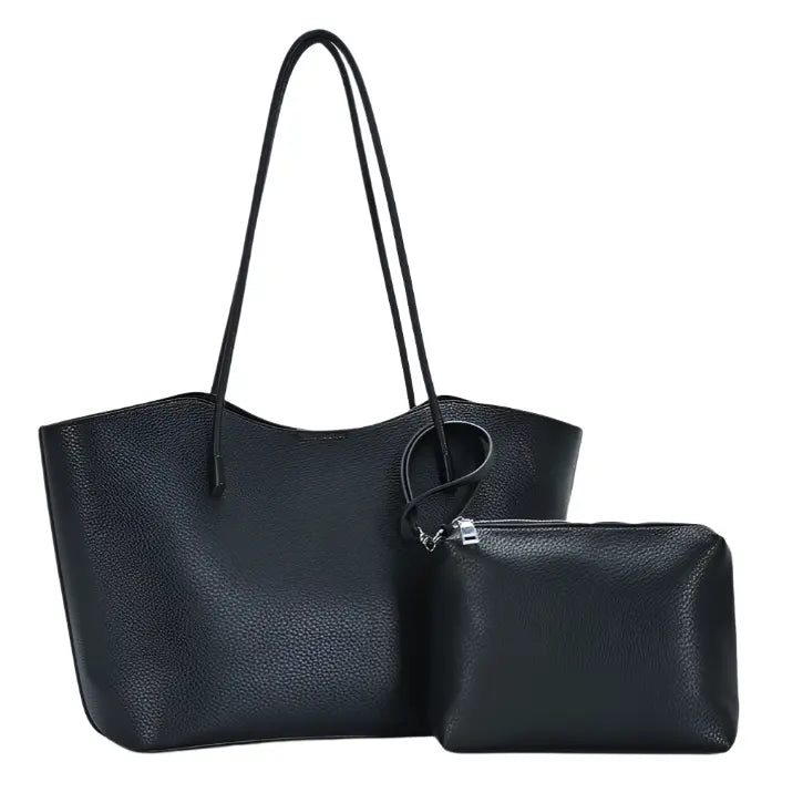 2in1 Large Textured Shoulder Bag With Zipper Pouch Set - Black - BAGS