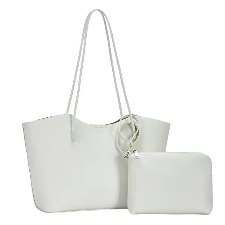 2in1 Large Textured Shoulder Bag With Zipper Pouch Set - Cream - BAGS