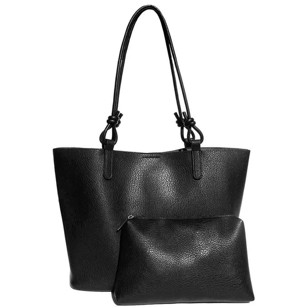 2in1 Plain Textured Tote Bag With Pouch Set - Black - Shoulder Bags