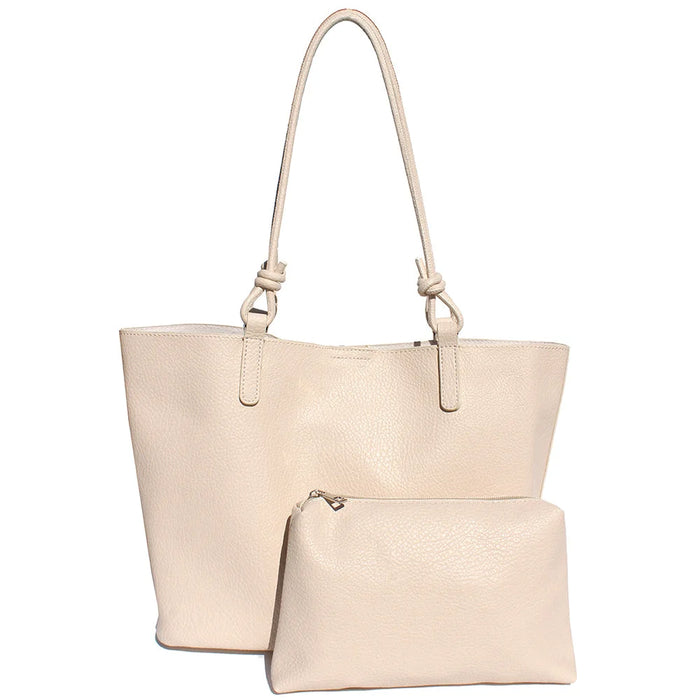 2in1 Plain Textured Tote Bag With Pouch Set - Ivory - Shoulder Bags
