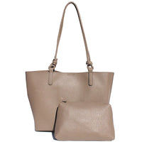 2in1 Plain Textured Tote Bag With Pouch Set - Taupe - Shoulder Bags
