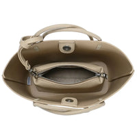 Beige tote bag with smooth textured finish and integrated zipper pouch for versatile use