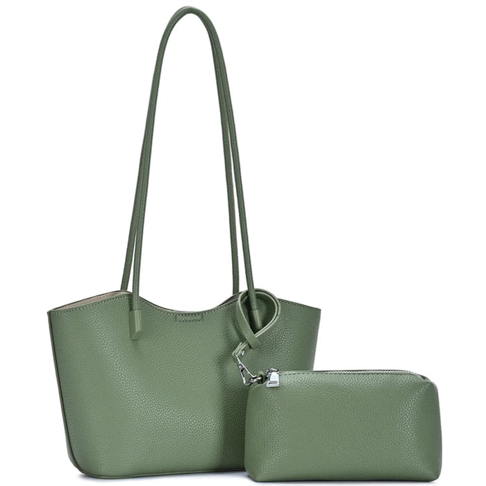 2in1 Smooth Textured Shoulder With Zipper Pouch Set - Green
