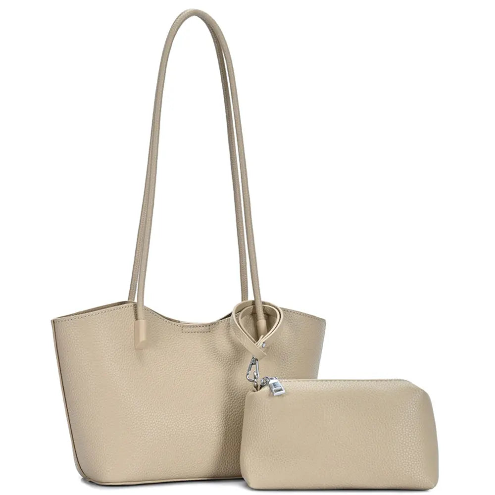 Beige smooth textured tote bag with matching zipper pouch from 2in1 Shoulder Set