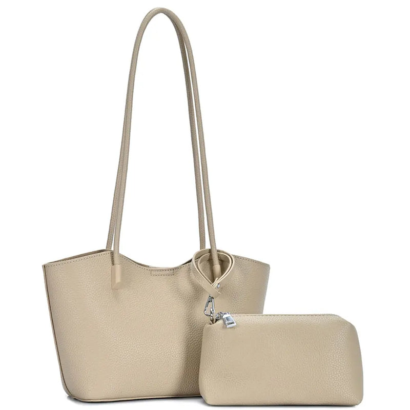 Beige smooth textured tote bag with matching zipper pouch from 2in1 Shoulder Set