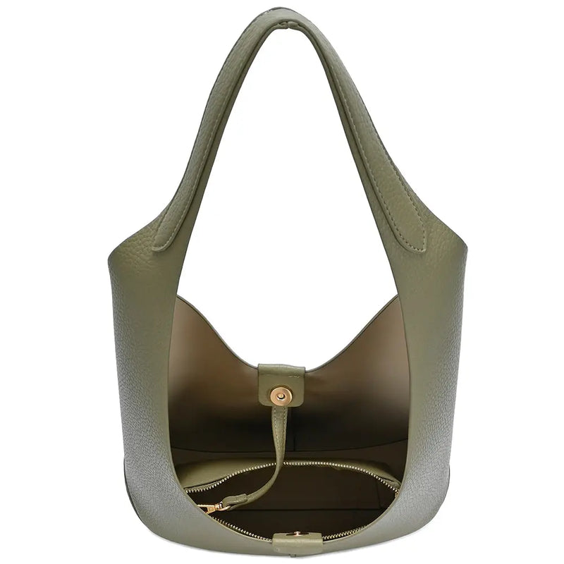 Olive-green leather 2in1 textured shoulder hobo bag with pouch set