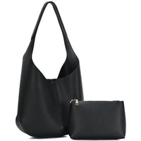 Black faux leather 2in1 textured shoulder hobo with matching pouch set