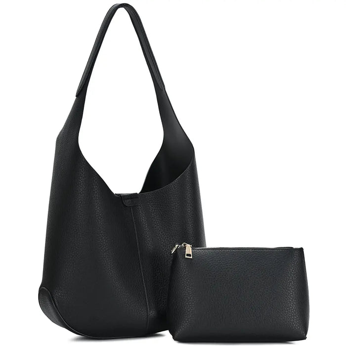 Black faux leather 2in1 textured shoulder hobo with matching pouch set