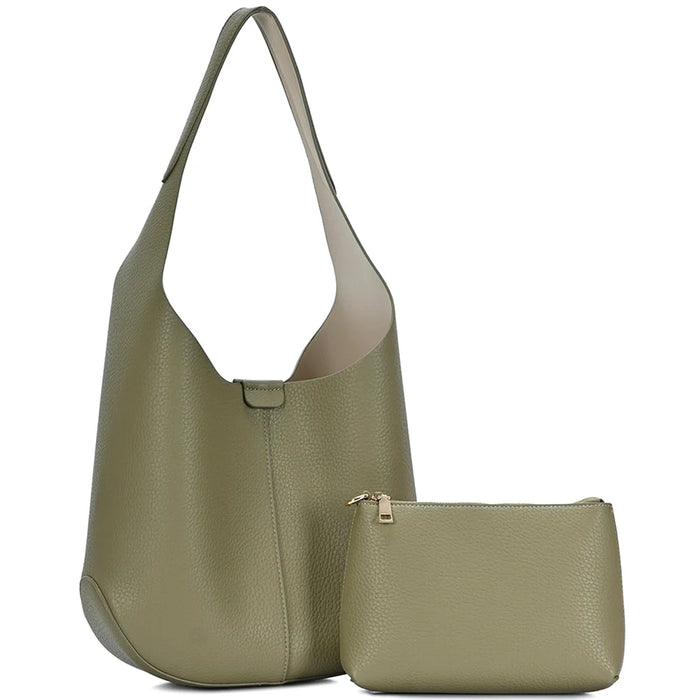 2in1 Textured Shoulder Hobo With Pouch Set - Moss