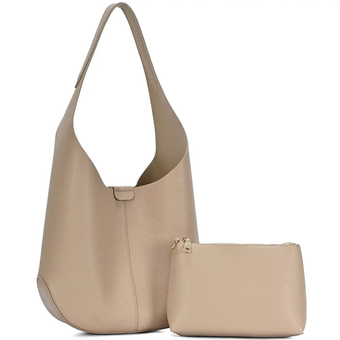 Beige leather 2in1 textured shoulder hobo with matching pouch set for versatile style
