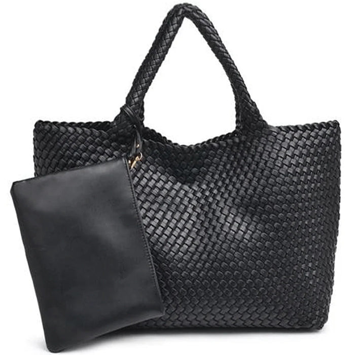 2in1 Woven All Over Solana Tote Bag WIth Pouch Set - Black - Shoulder Bags