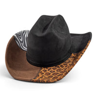 Cowboy hat with black crown and animal patchwork brim, leopard trim and zebra lining