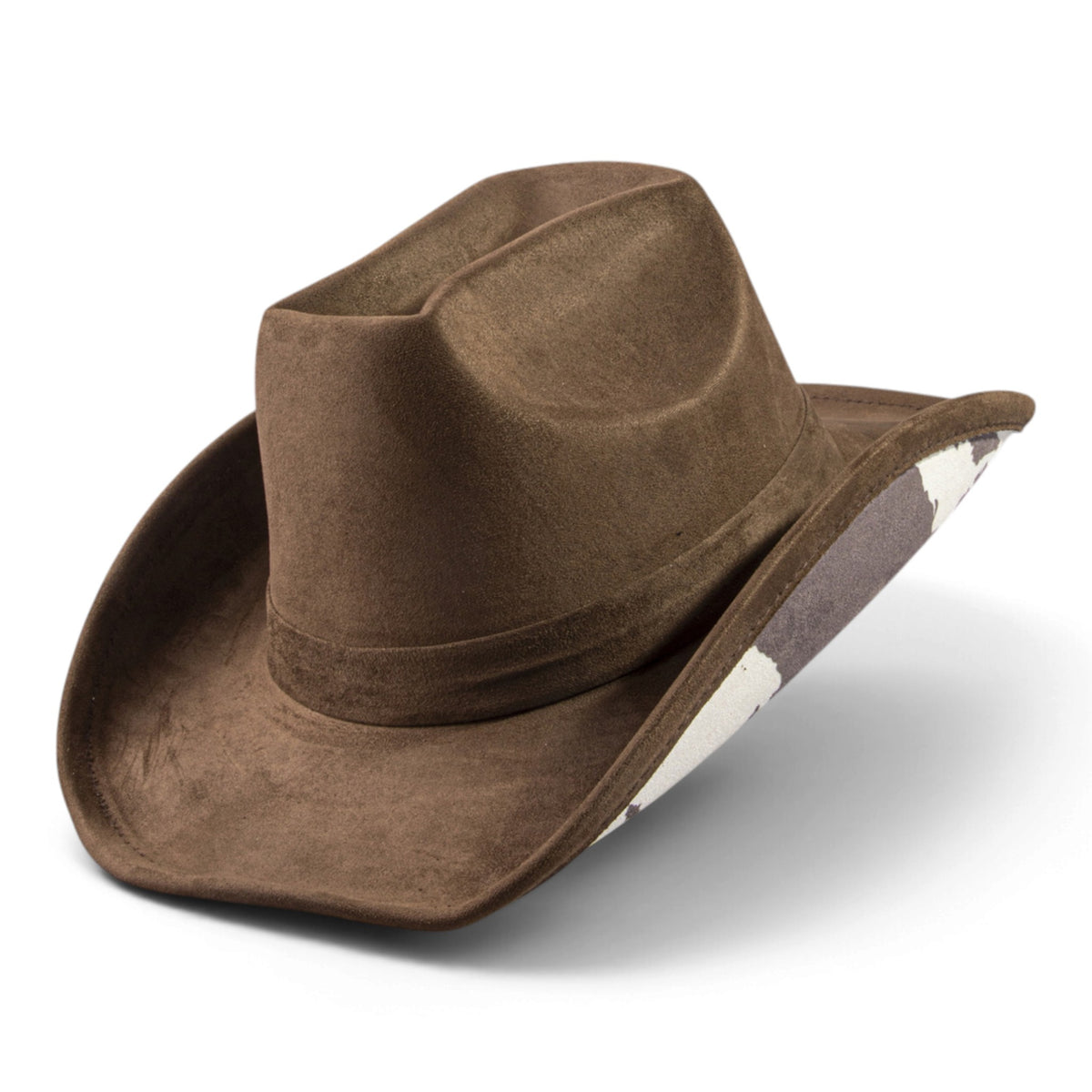 Brown suede cowboy hat with cow-print underside of brim
