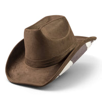Brown suede cowboy hat with cow-print underside of brim