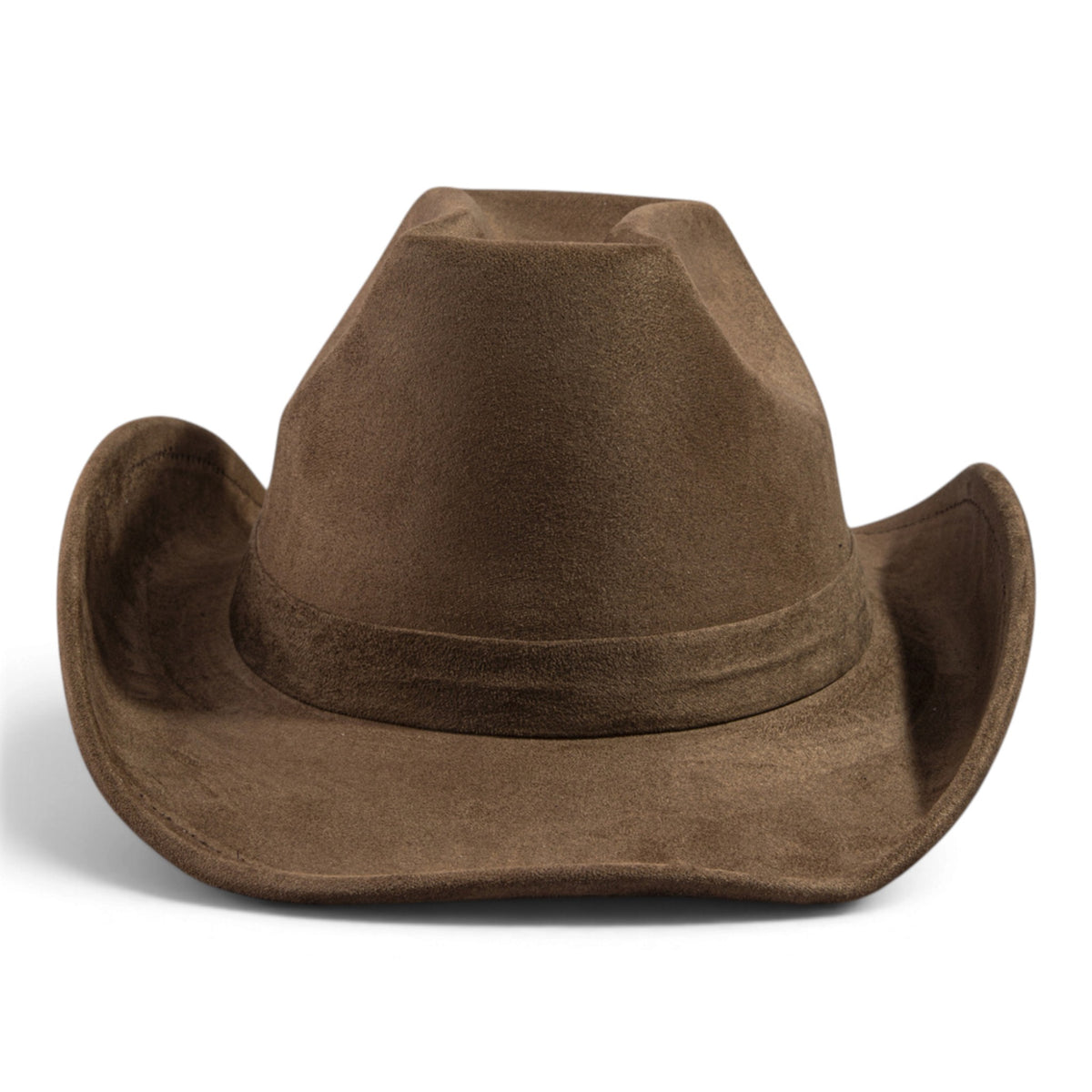 Brown cowboy hat with wide curved brim and structured pinched crown