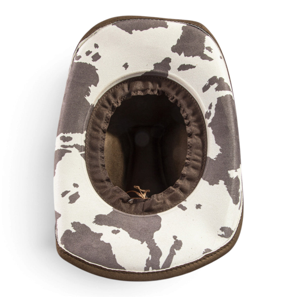 Cow-print underbrim cowboy hat with dark stitched crown opening