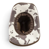 Cow-print underbrim cowboy hat with dark stitched crown opening