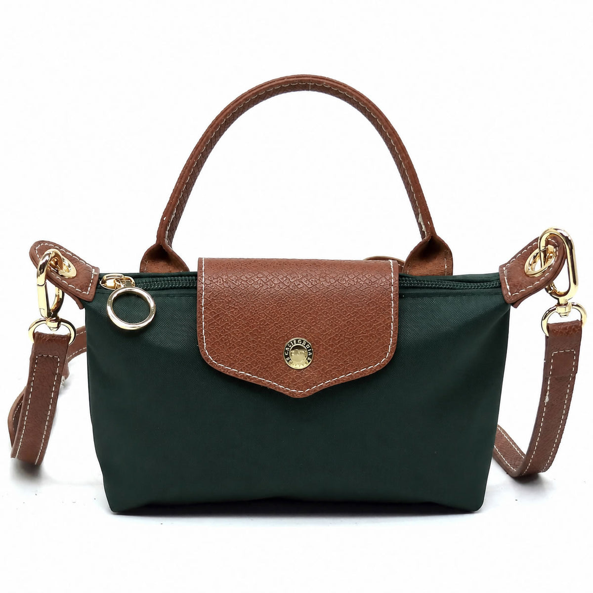 Mini tote bag in dark green with tan front flap pocket, leather-look handles, gold hardware