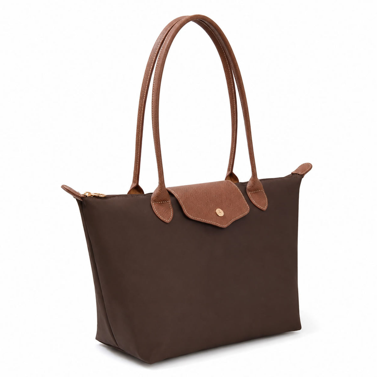 Chocolate brown luxe tote bag with tan leather handles and front patch pocket