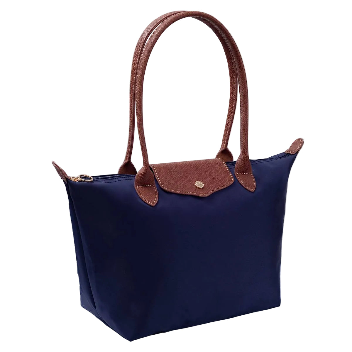 Navy blue handbag with brown handles and trim on a light background