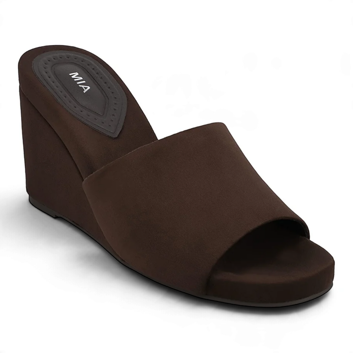 Espresso open-toe wedge slide sandals with wide slip upper and cushioned footbed