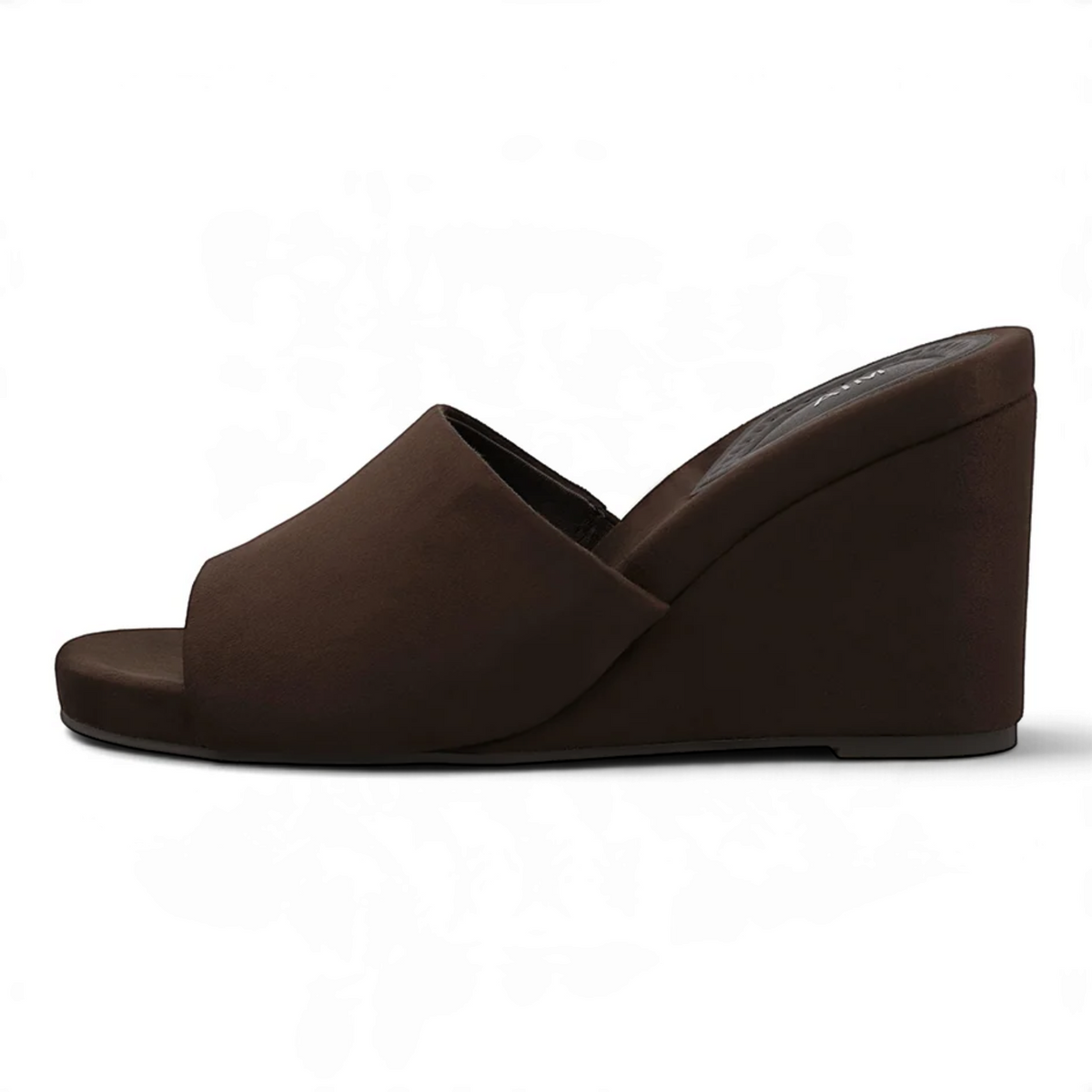 Espresso open-toe wedge slide sandals, angled side view with smooth wedge sole