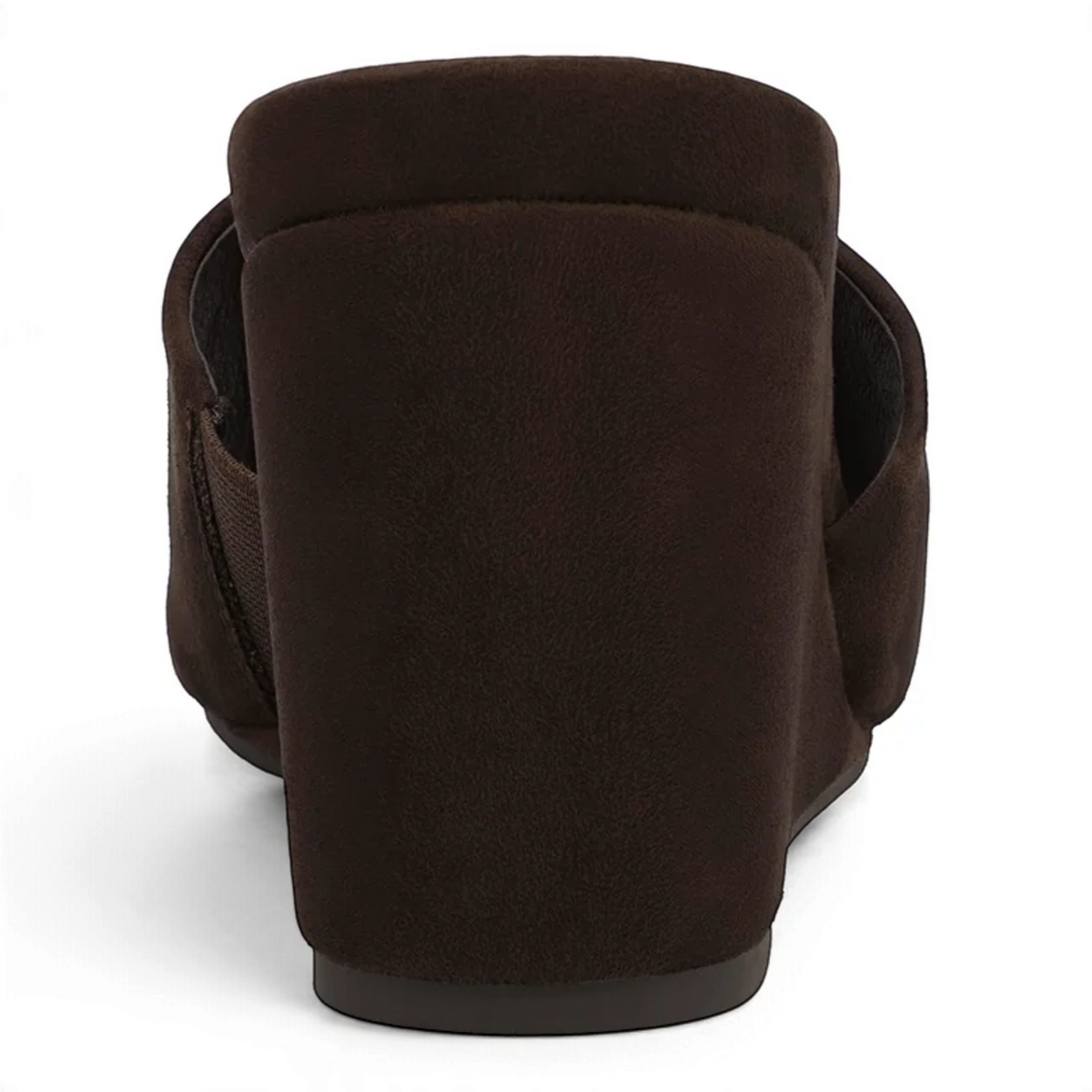 Espresso open-toe wedge slide sandals, back view with padded heel and wedge sole