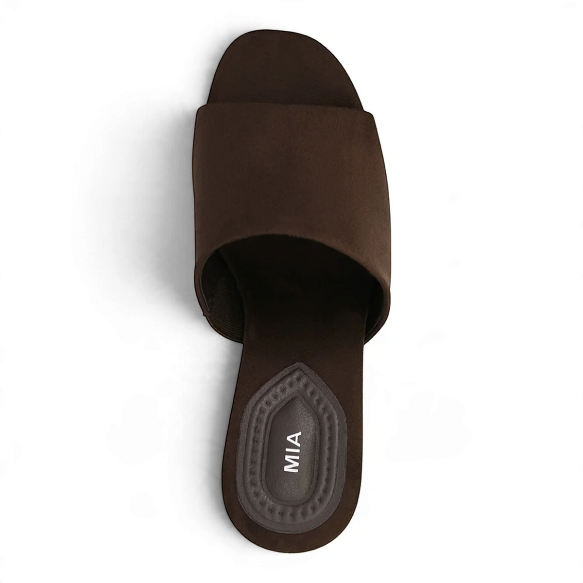 Espresso open-toe wedge slide sandals, footbed view with MIA logo on insole