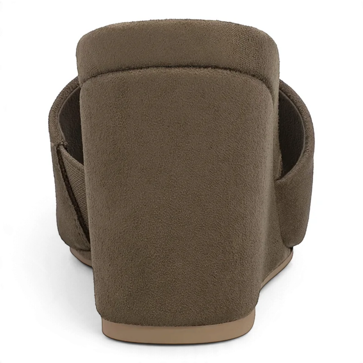 Khaki open-toe wedge slide sandals, back view showing stacked wedge heel