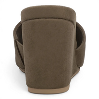 Khaki open-toe wedge slide sandals, back view showing stacked wedge heel
